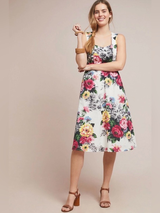 Anthropologie Dresses & Skirts - By Anthropologie Amelia Sleeveless‎ White Floral Toile Print Midi Dress Size 2